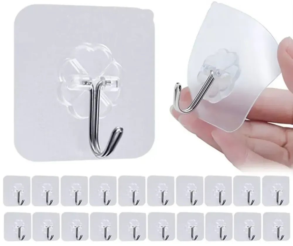Kit 30 Ganchos Adesivos Parede Transparente Inox Não Fura Suporte Cabide Pendura Vassoura Banheiro Cozinha