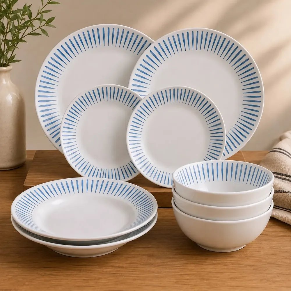 Jogo Aparelho De Jantar 16 Peças Branco Opalino Prato E Bowl Branco Listras Azuis