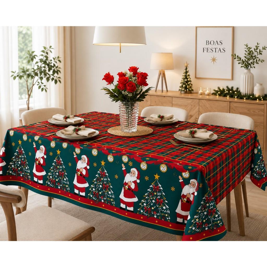 Toalha de Mesa Natalina 4, 6 e 8 Lugares Oxford Natal Estampada Papai Noel Vermelho Verde
