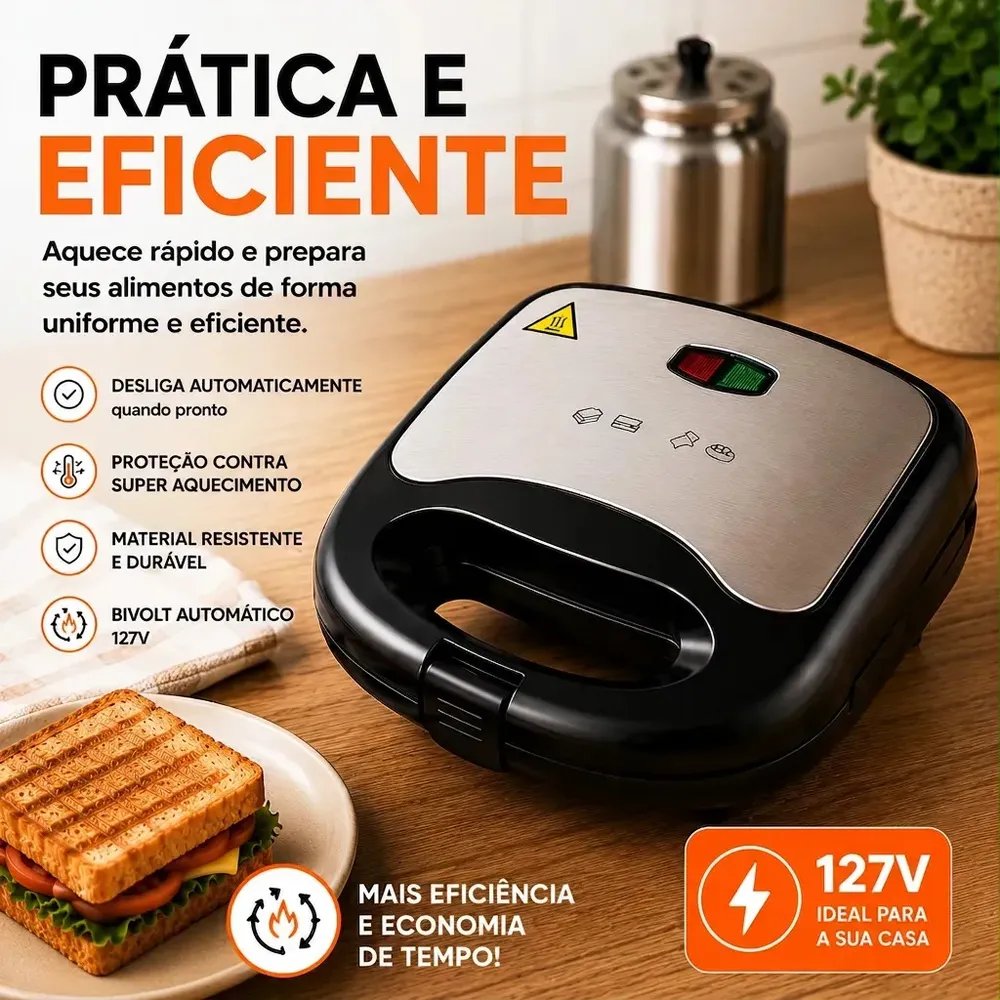 Sanduicheira Elétrica Luxe Grill 2 Em 1 Antiaderente Multiuso Compacta 750w Inox 110v ViaCruz