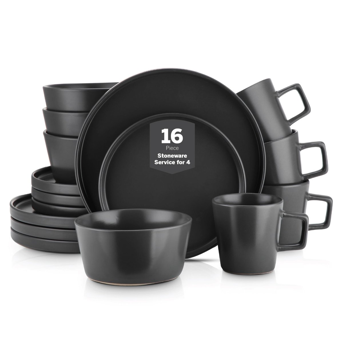 Stone Lain Celina Conjunto de louça de grés com 16 peças, pratos e tigelas, prato preto fosco, serviço para 4 pessoas – Estilo redondo minimalista, seguro para micro-ondas e lava-louças