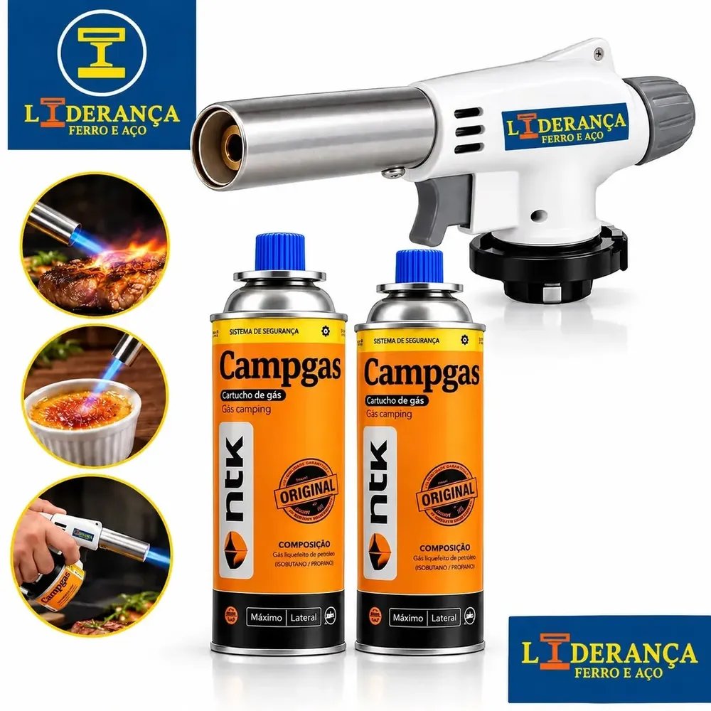 Maçarico Portátil Regulável + 2 Refil Chama Fina 1300°C Para Gás Butano Culinária Soldagem Artesanato Reparos Manutenção Churrasqueira Uso Doméstico Marca - Liderança