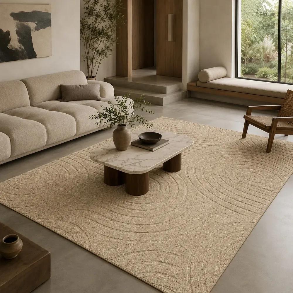 Tapete Moderno Sala 2,0x1,5m Alto Relevo Circular Bege 2 M 1.5 M Bege