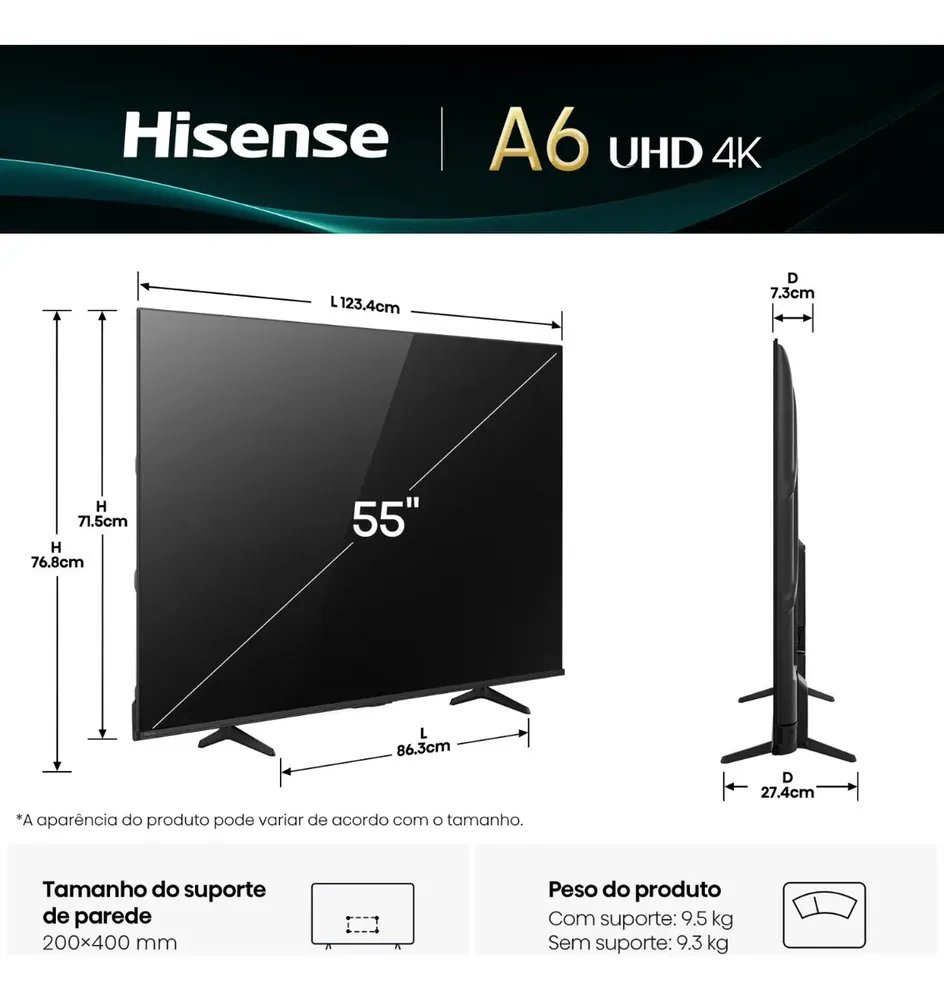 Smart TV Hisense 4K 55 Polegadas 55A6NV com Dolby Vision, HDR10, HLG, Dolby Gaming, Film Maker, DTS Virtual X, Compatibilidade Alexa