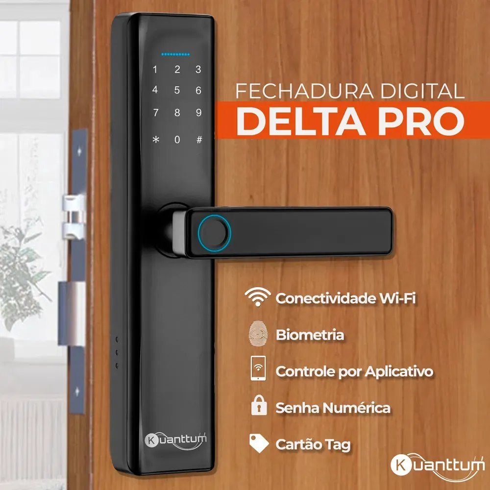 Fechadura Digital Kuanttum Delta Pro Wi-Fi Com Biometria e Senha Para Porta