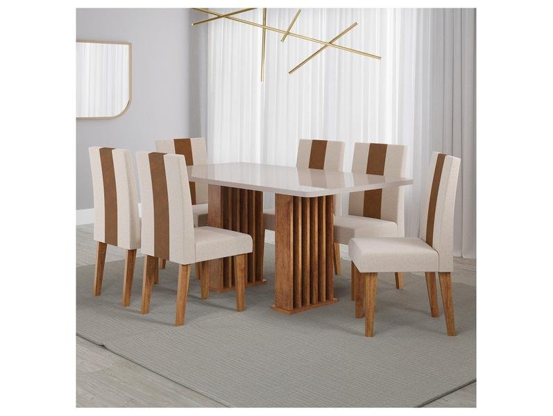 Mesa de Jantar 6 Cadeiras 6 Lugares Retangular Mel Bronze e Off White Viero Móveis Vigo
