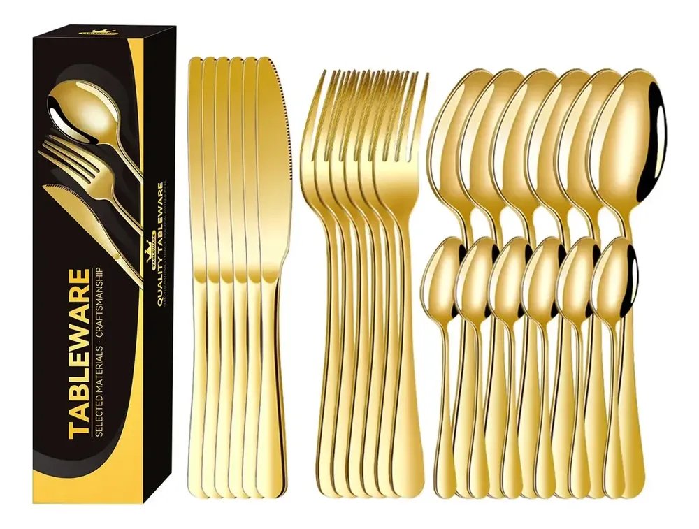 Kit Faqueiro Dourado Luxo Jogo Talheres Inox 24pçs + Maleta Caixa De Papel Bourada