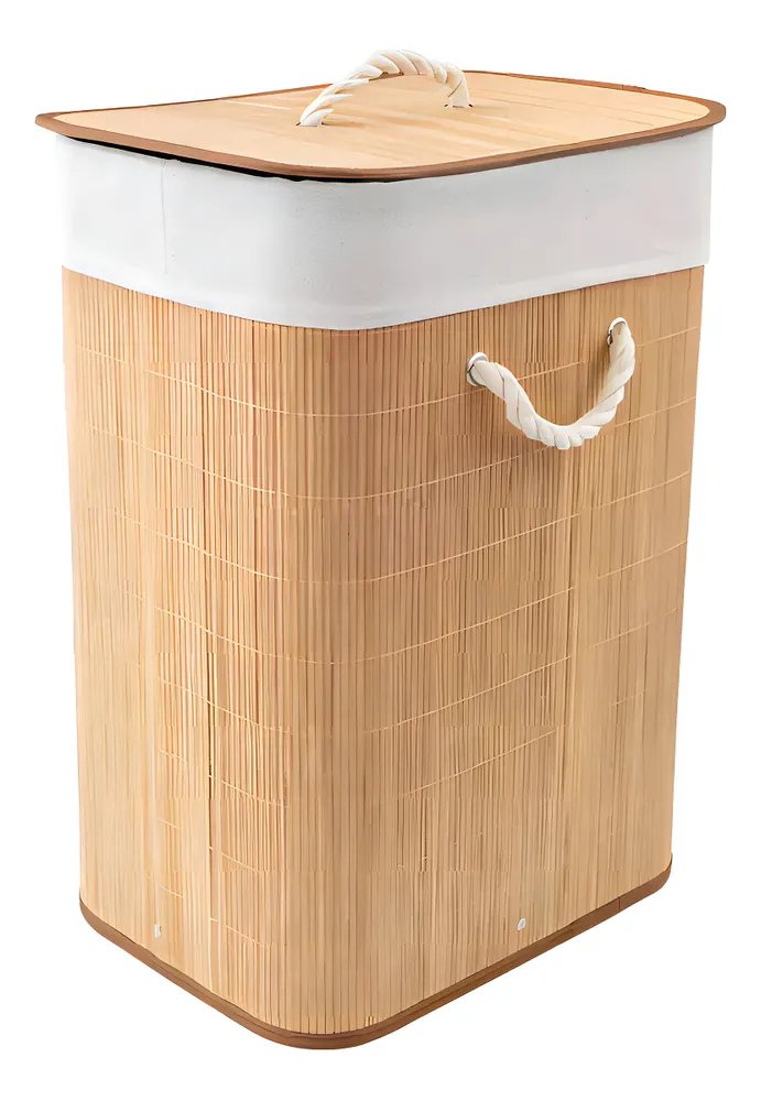 Cesto para Roupas Bambu Dobrável com Tampa Bege 60L Texfine