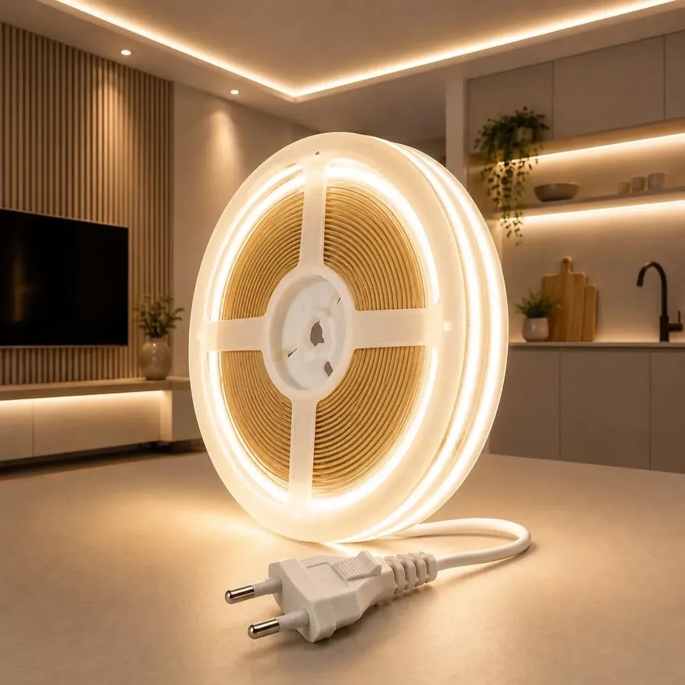 Fita Led Cob Direta Rede 110V com Tomada Para Perfi 127V 10Metros 320led/m Luz Alto Brilho Branco Neutro 4000K IP44 Não Usa Fonte