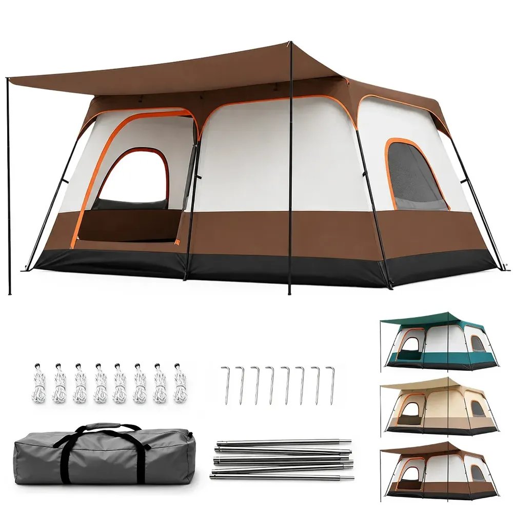 Aweshine Barraca De Camping Familiar Luxo 2 Quartos Para 8-12 Pessoas,Impermeavel 1000mm Tecido Oxford 330*210*180cm Marrom