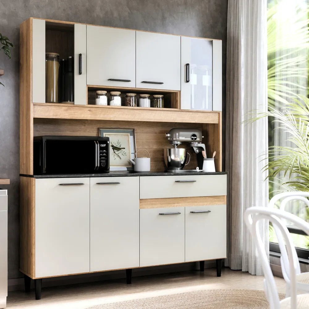 Armário de Cozinha Completa com Balcão 8 Portas Gaveta Com Vidro Nicho Organizador Branco Off White Carvalho Nature