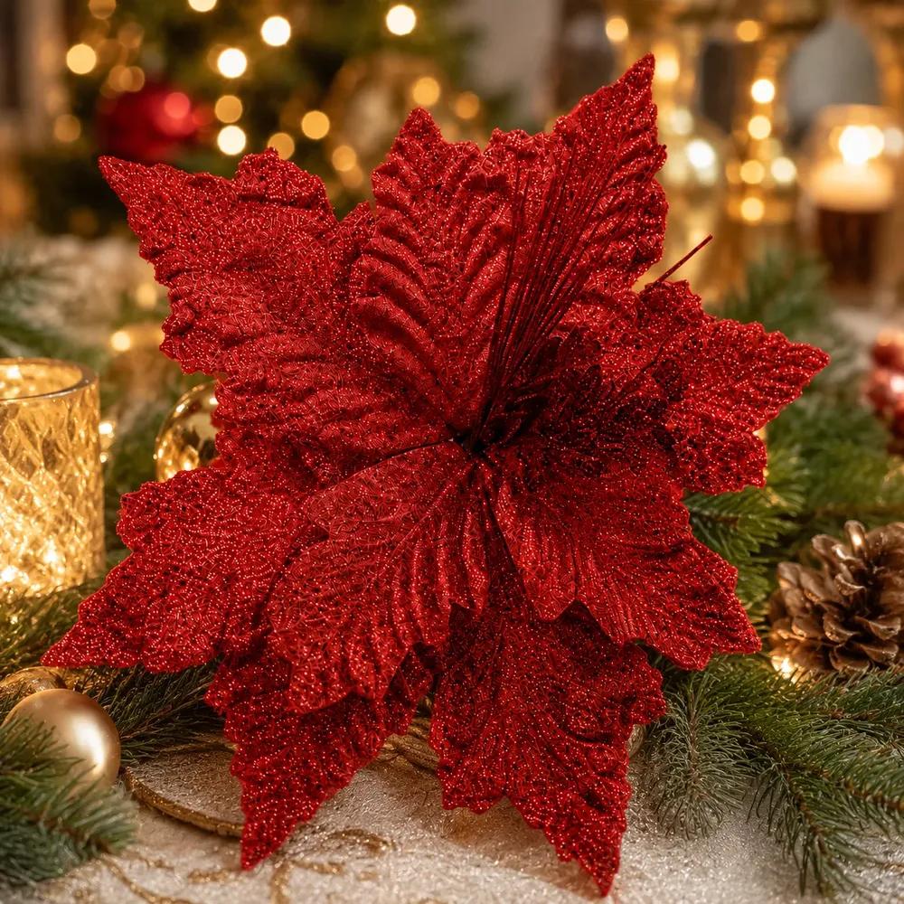 12 Flores Arvore De Natal Luxo Enfeites Decoração Artificial Vermelho Flor De Luxo Artificial Com Glitter Enfeite De Natal Premium Para Pendurar
