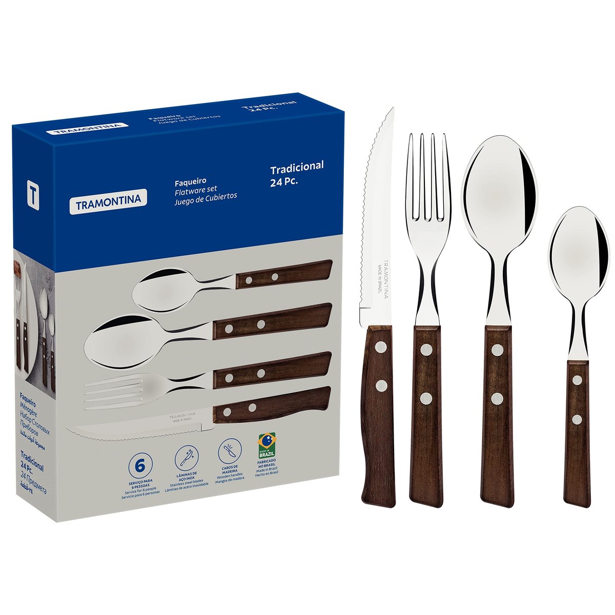 Faqueiro 24 Peças Tradicional Sortidos com Laminas de Aço Inox e Cabos de Madeira, Tramontina, Tradicional 22299050, Natural