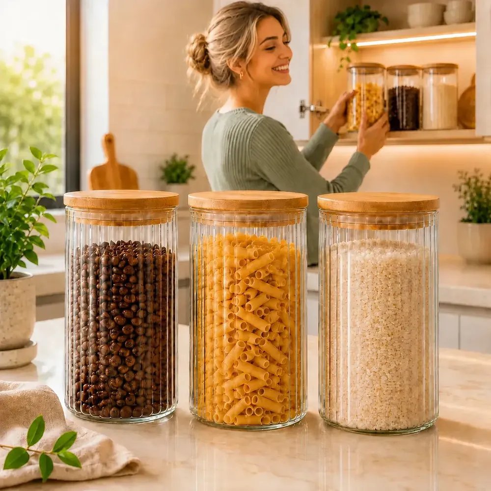 Potes Herméticos De Vidro Com Tampa De Bambu Premium Kit 3 Peças De 1 L Pote De Mantimentos Cozinha Organizada Canelado Serrilhado Jra Mix