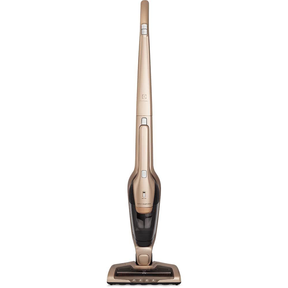 Aspirador de Pó vertical bateria ergorapido 2 em 1 Electrolux 45 min Luz LED pedal limpeza facil escova rotativa bocal extra pelos animais luz frontal LED capacidade 460Ml ERG26 Bivolt Dourado