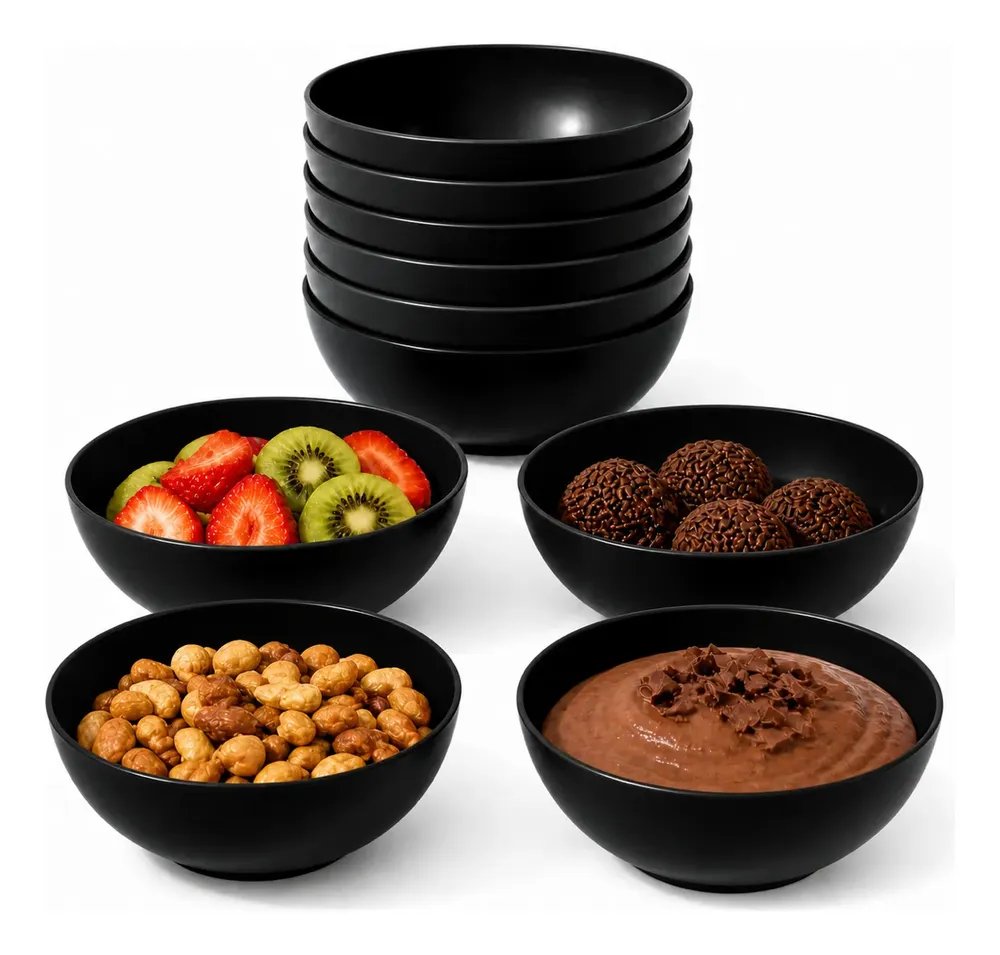 Kits 10 Bowls Tigelas Plástico Cumbuca Sopa Salada Colorida Preto