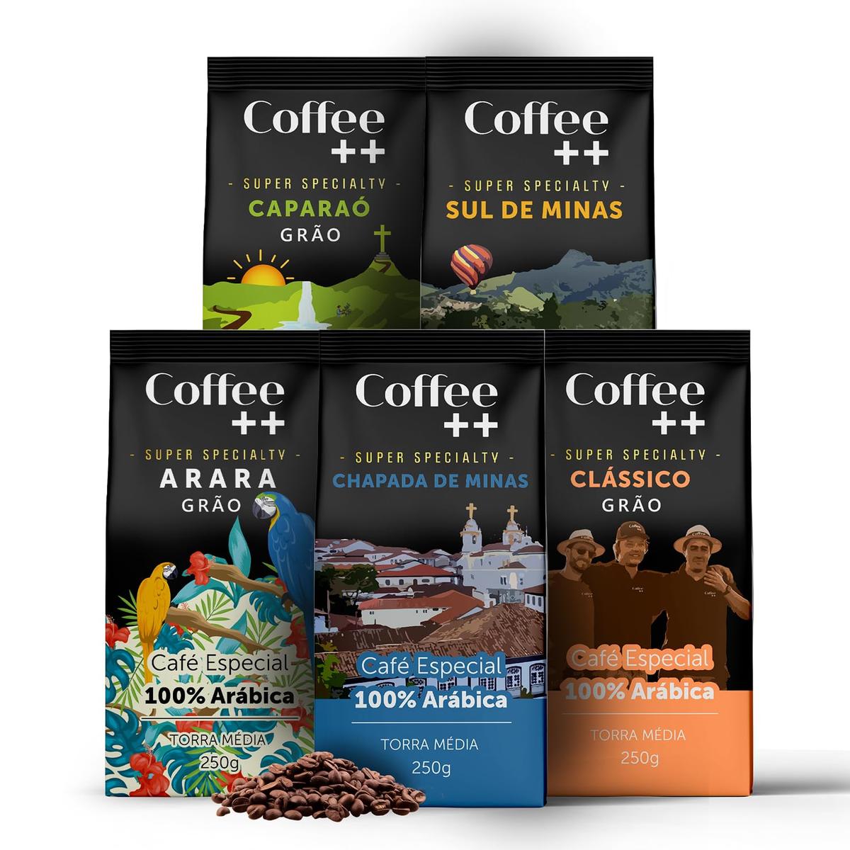 Kit 5 Pacotes Café Especial em Grãos Coffee Mais Variedades: Arara, Sul de Minas, Caparaó, Chapada de Minas e Clássico - 100% Arábica (5x250g)