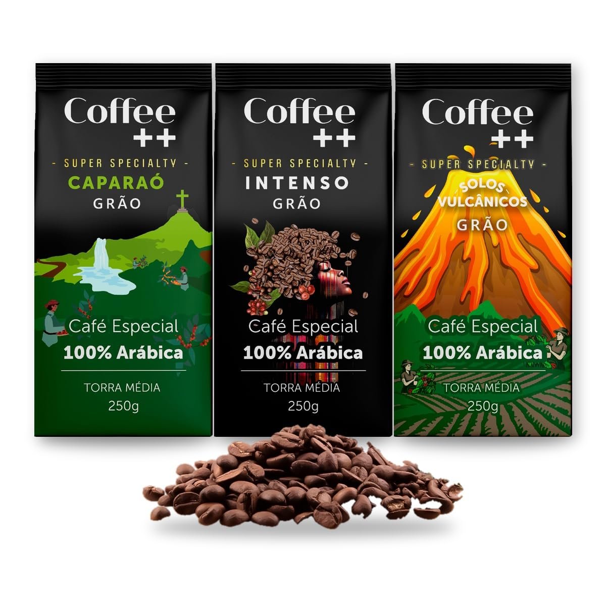 Kit 3 Pacotes Café Especial em Grãos Coffee Mais Variedades: Caparaó, Intenso e Solos Vulcânicos - 100% Arábica (3x250g)