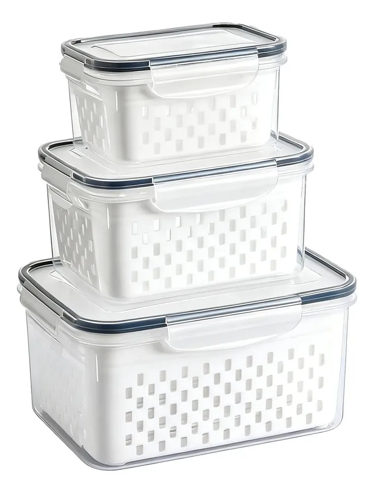 Kit 3 Organizadores Geladeira Alimentos Vegetais Com Tampas Branco