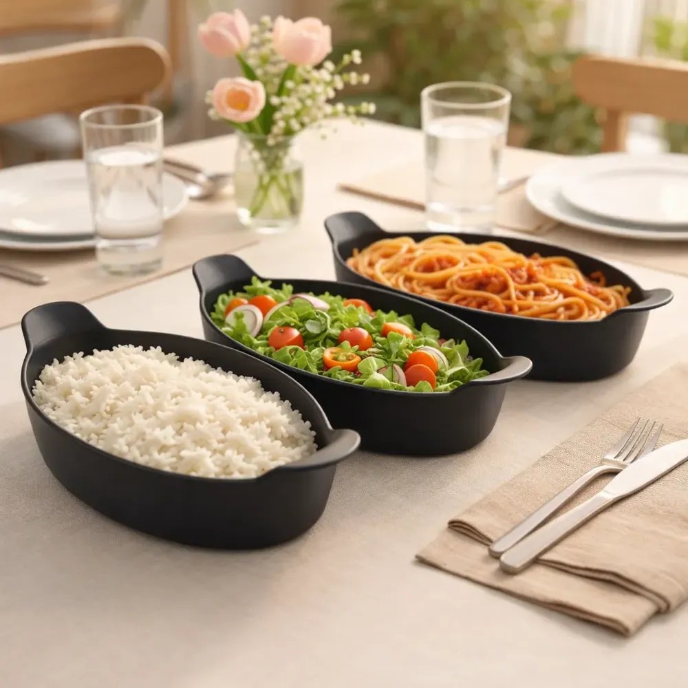 Kit Com 05 Travessas Canoa Plástico Preto 24cm, Petisco Preto
