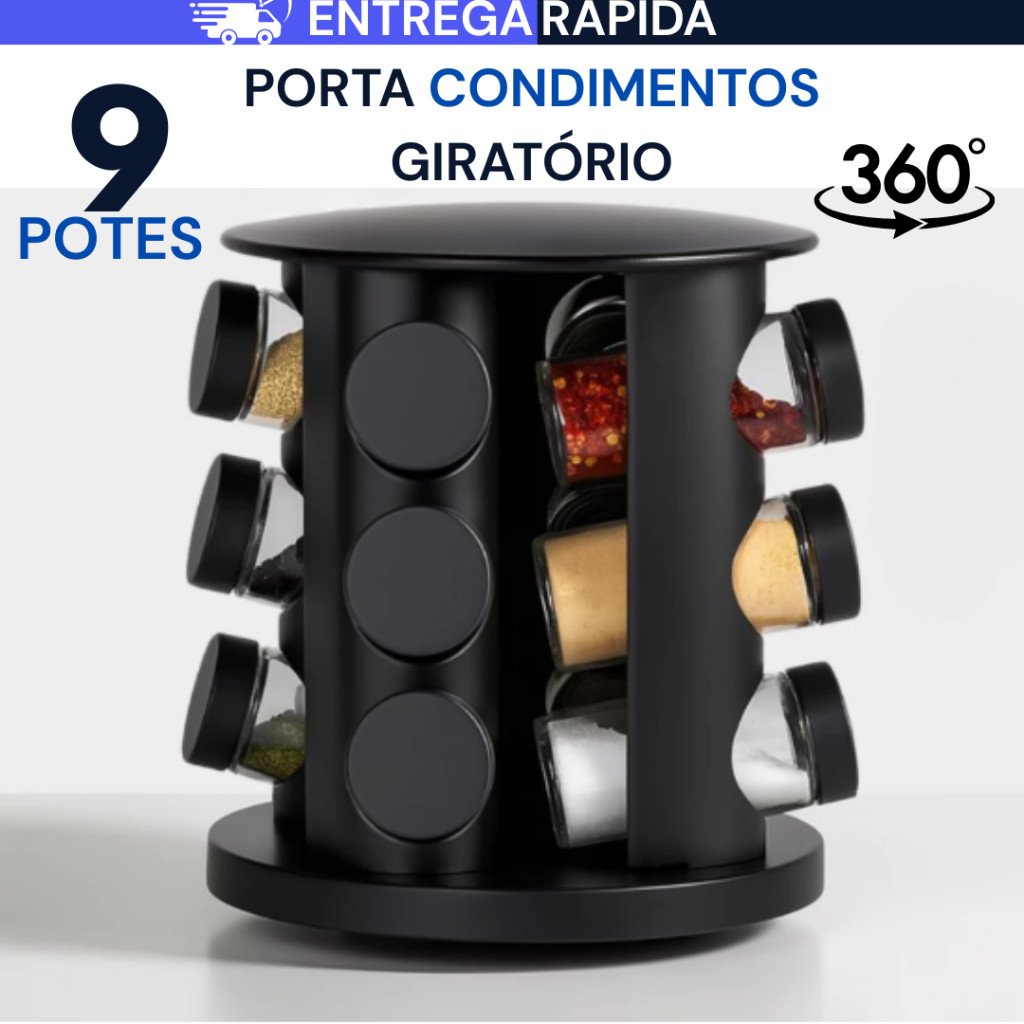Porta Temperos Profissional Giratório 9 Potes Vidro Tampa Dosadora Condimentos PROMOÇÃO LIMITADA