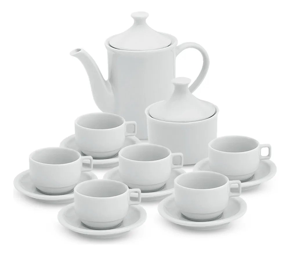 Kit Café Bule 650ml Açucareiro 6 Xícaras C/ Pires Porcelana Branco