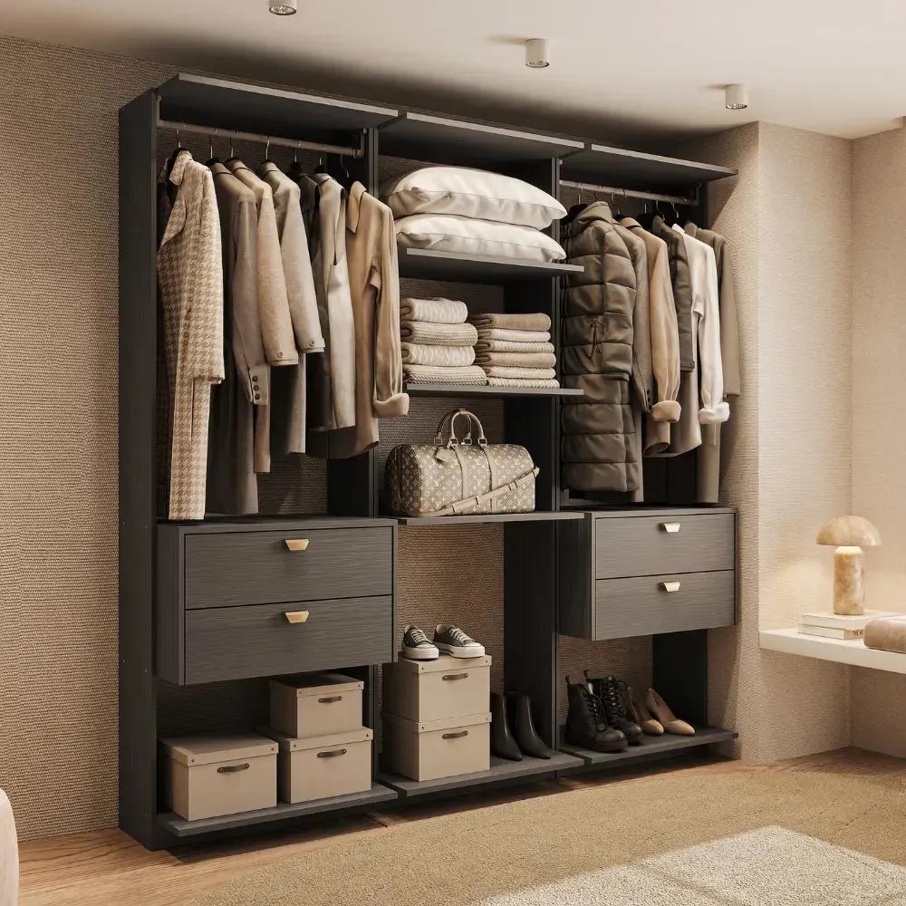 Guarda-roupas Closet Modulado Alasca 180cm 3 Peças Com 4 Gavetas Laterais E Cabideiros Preto Touch Carraro