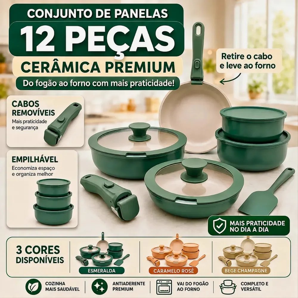Jogo de Panelas VRX Premium 12 Peças Cerâmica com Cabos Removíveis para Indução