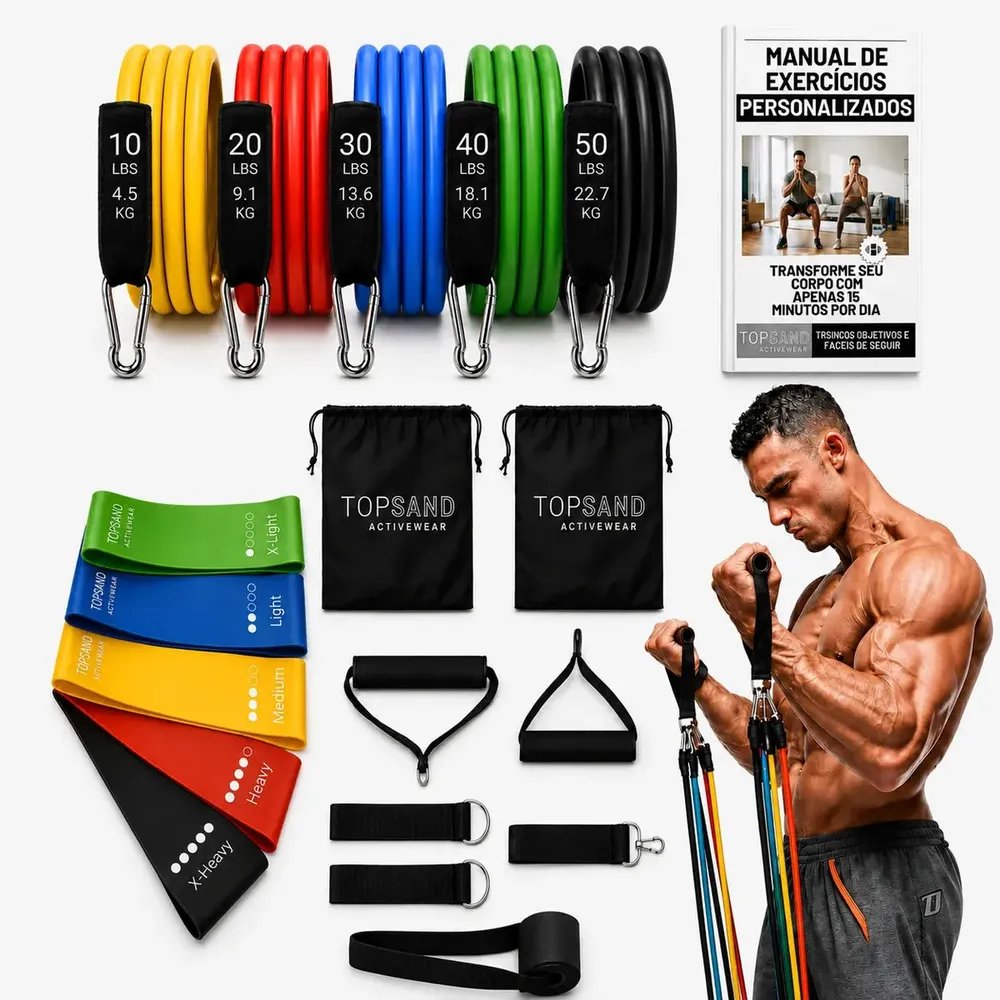 Kit 18 Itens Esportivos Para Treino Em Casa Academia Fitness Funcional Com Elásticos Extensor