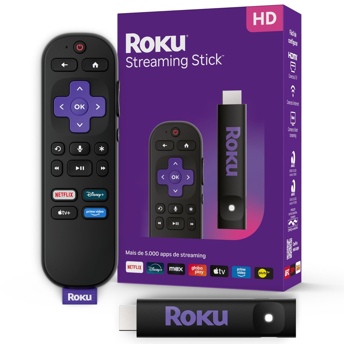 Roku Streaming Stick HD 2025 | Dispositivo de streaming para TV HD/FHD com controle remoto por comando de voz compatível com Alexa, Siri e Google