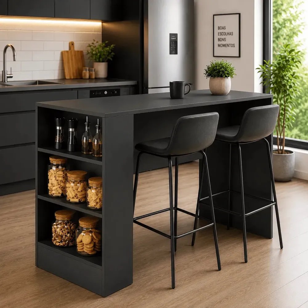 Balcão Ilha Cozinha Gourmet Grafite Bancada Multiuso Trio Casa