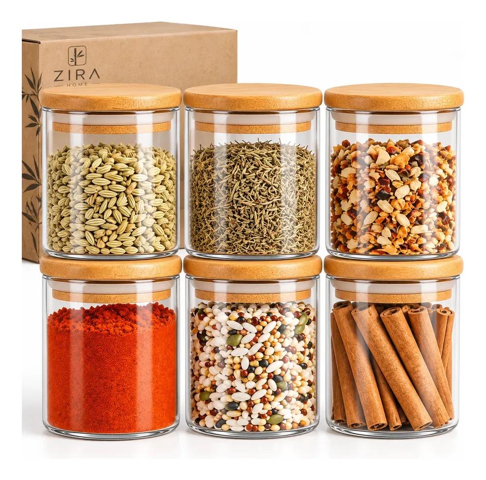Kit 6 Pote Vidro Porta Temperos Hermético Cozinha Organiza Vidro/tampa De Bambu