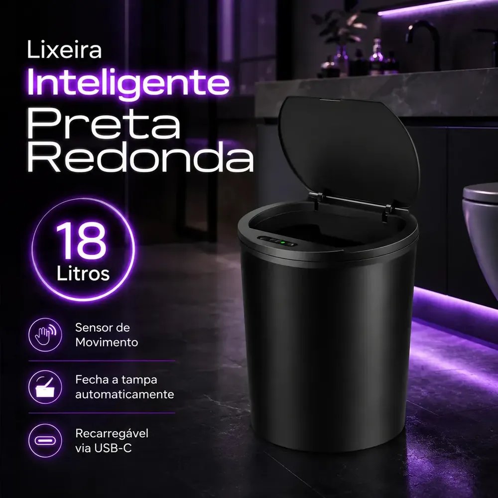 Lixeira Inteligente Smart 16l Automática Recarregável Preto Sensor Banheiro E Cozinha Moderna