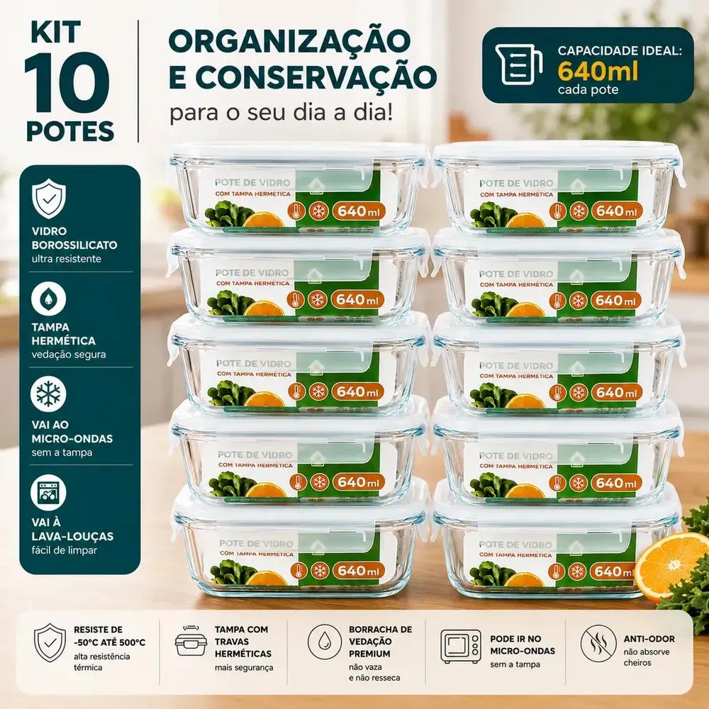 Kit 10 Potes Herméticos De Vidro 640ml Haushop Tampa Vedação Firme Para Geladeira E Despensa Organização Da Cozinha