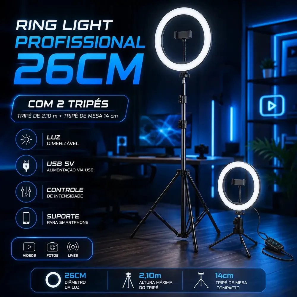 Ring Light Iluminador Led Profissional 26cm Tripé 2,10m Luz Branco Frio Quente Neutro