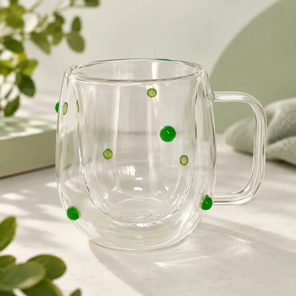 Caneca Vidro Parede Dupla 200ml Bolinhas Coloridas Café Chá Verde-claro Canecanolinhaverde