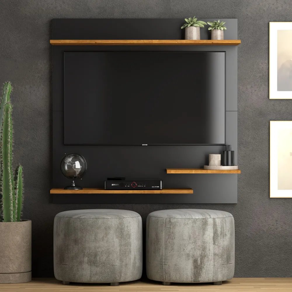 Painel Suspenso Preto/Nature Para TV Até 32" Com Prateleiras MDP