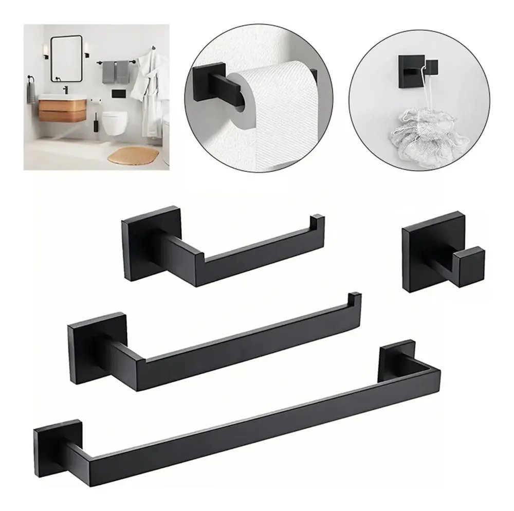 Kit Acessórios Banheiro 4 Peças Aço 304 Inox Luxo Preto 40cm Preto