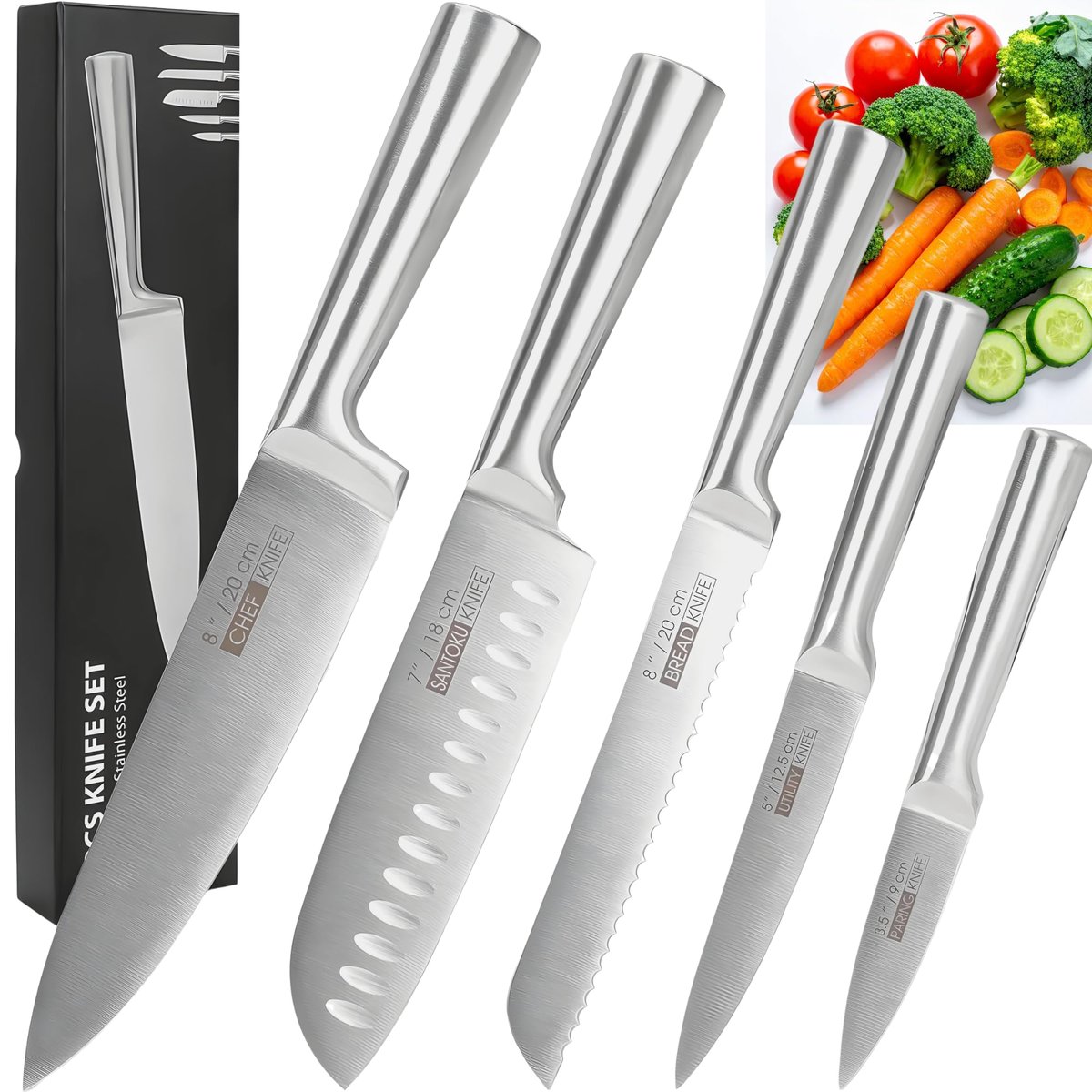 Jogo de 5 Facas Inox 4Cr13 | Conjunto de Facas de Cozinha Profissional Aço Inoxidável | Design Ergonômico e Resistente à Ferrugem, Ultra Afiadas e Precisão Suíça, Lâminas Inteiriças, Facas Premium
