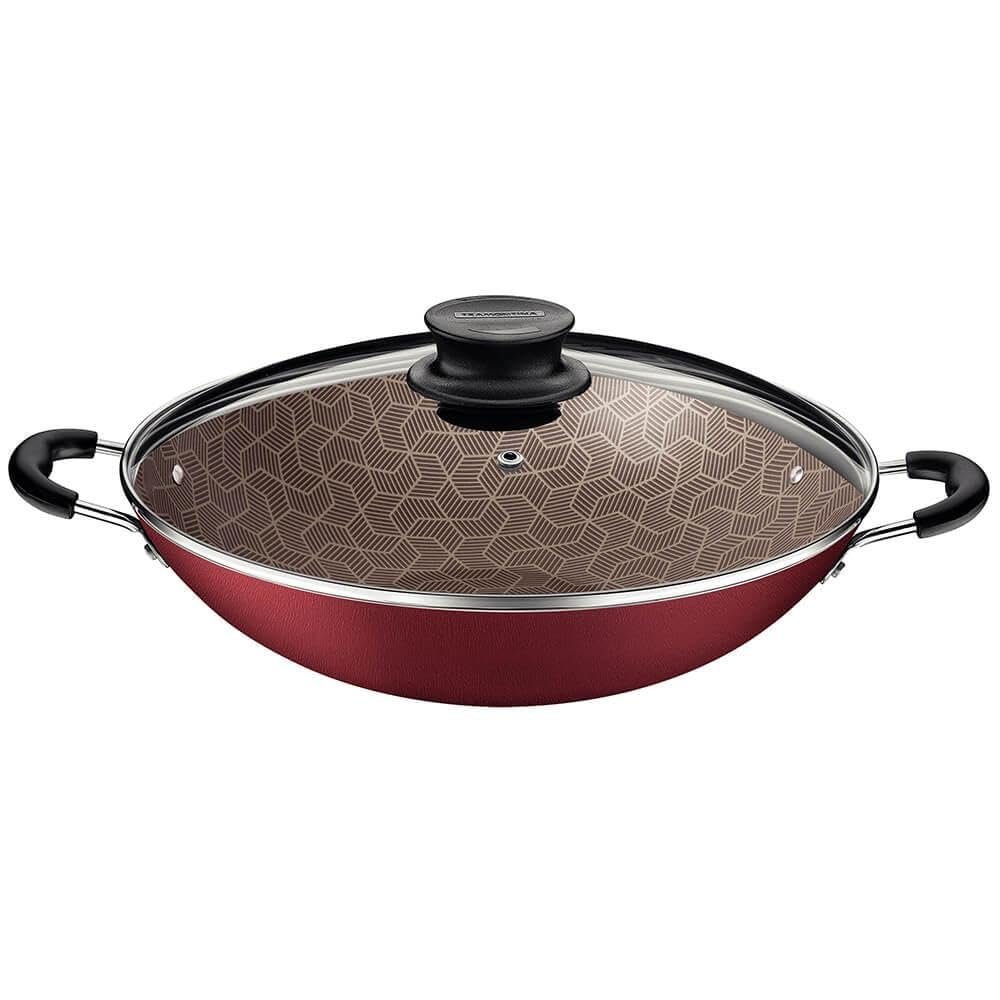 Wok Tramontina Paris em Alumínio com Revestimento Interno e Externo em Antiaderente Starflon Max Vermelho com Tampa de Vidro 36 cm 6,0 L