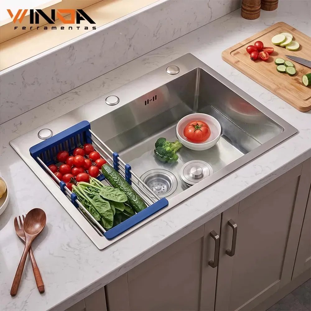 Cuba Gourmet Cozinha 60x45cm Aço Inox Escovado Com Escorredor Regulável E Dispenser De Detergente Winda Prateado