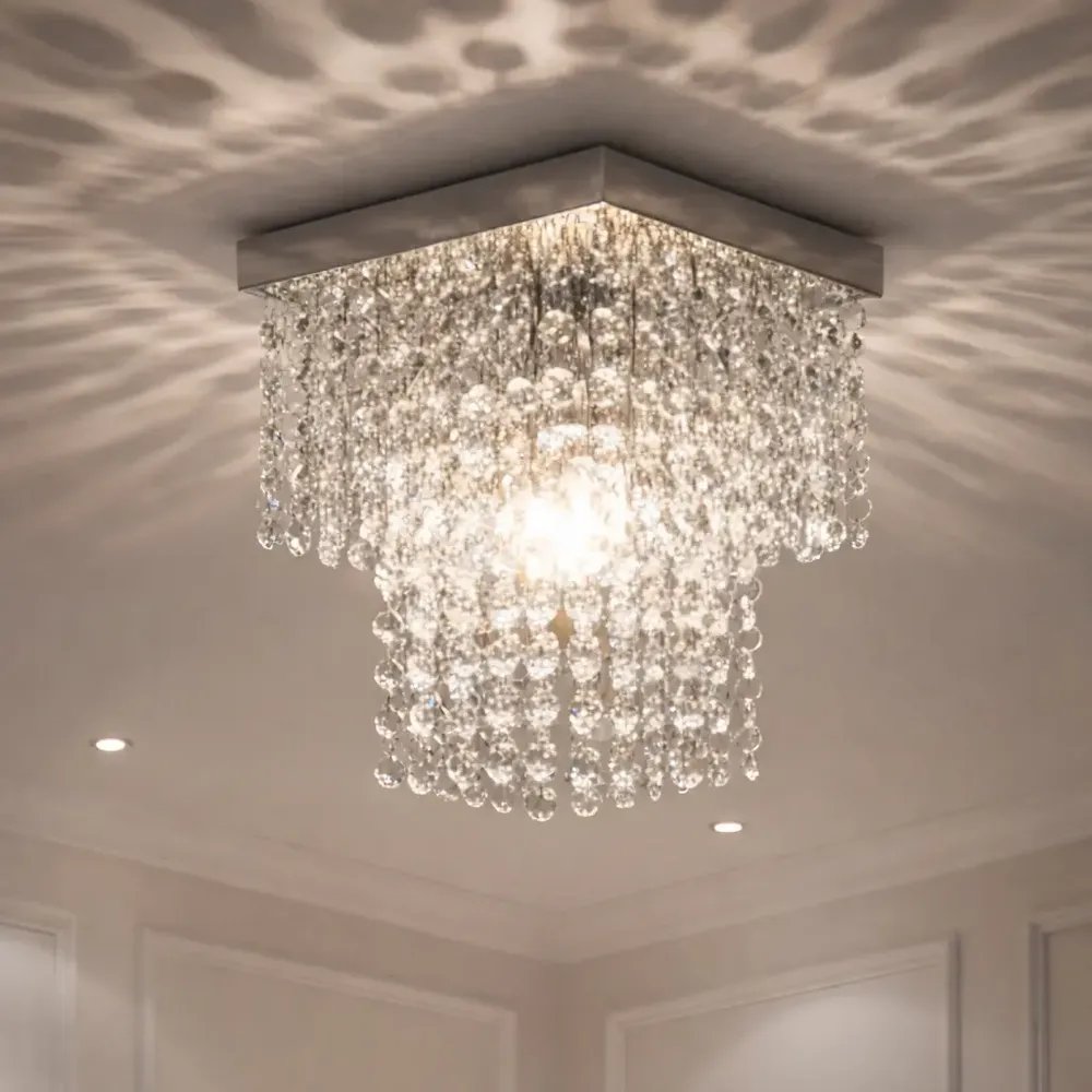 Lustre De Cristal Acrílico 20x20 Cm Bivolt Sala Quarto Luxo Prateado