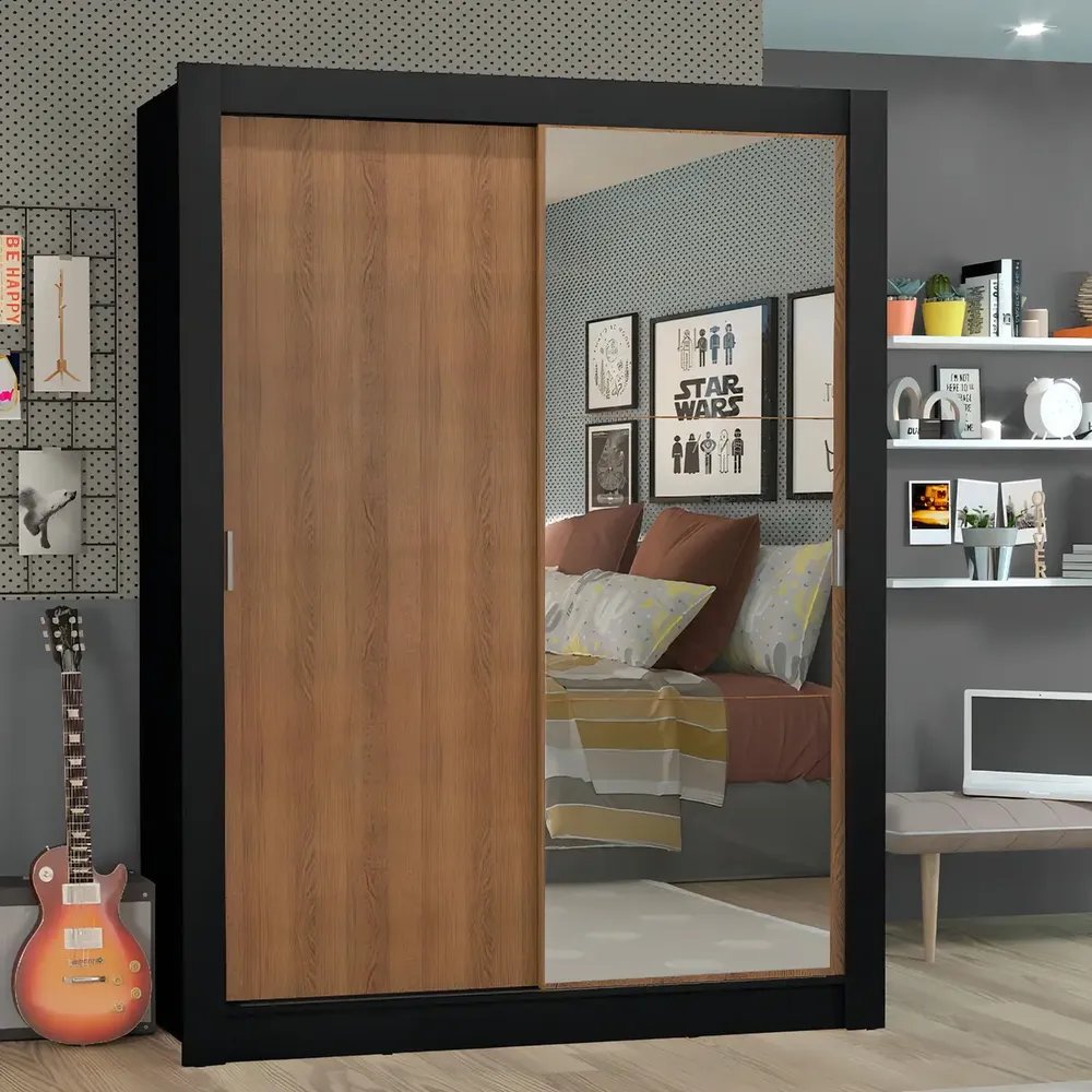 Guarda-roupa Solteiro Madesa Denver 2 Portas C Espelho P Cor Preto/Rustic