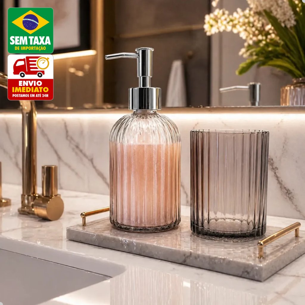 Kit Banheiro em Vidro com Dispenser Pump 400ml Porta Escova de Dentes Lavabo 2 Peças Elegante
