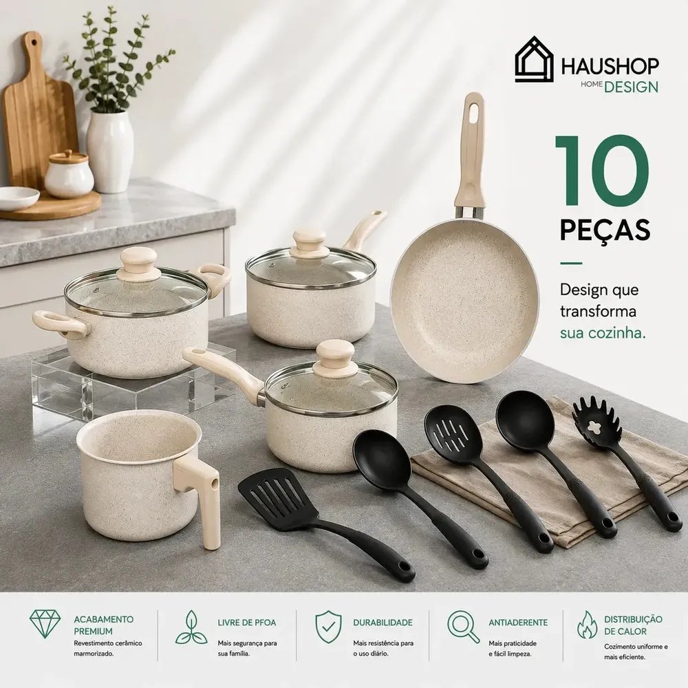 Jogo Panelas Cerâmico Haushop 10 Peças Antiaderente Creme