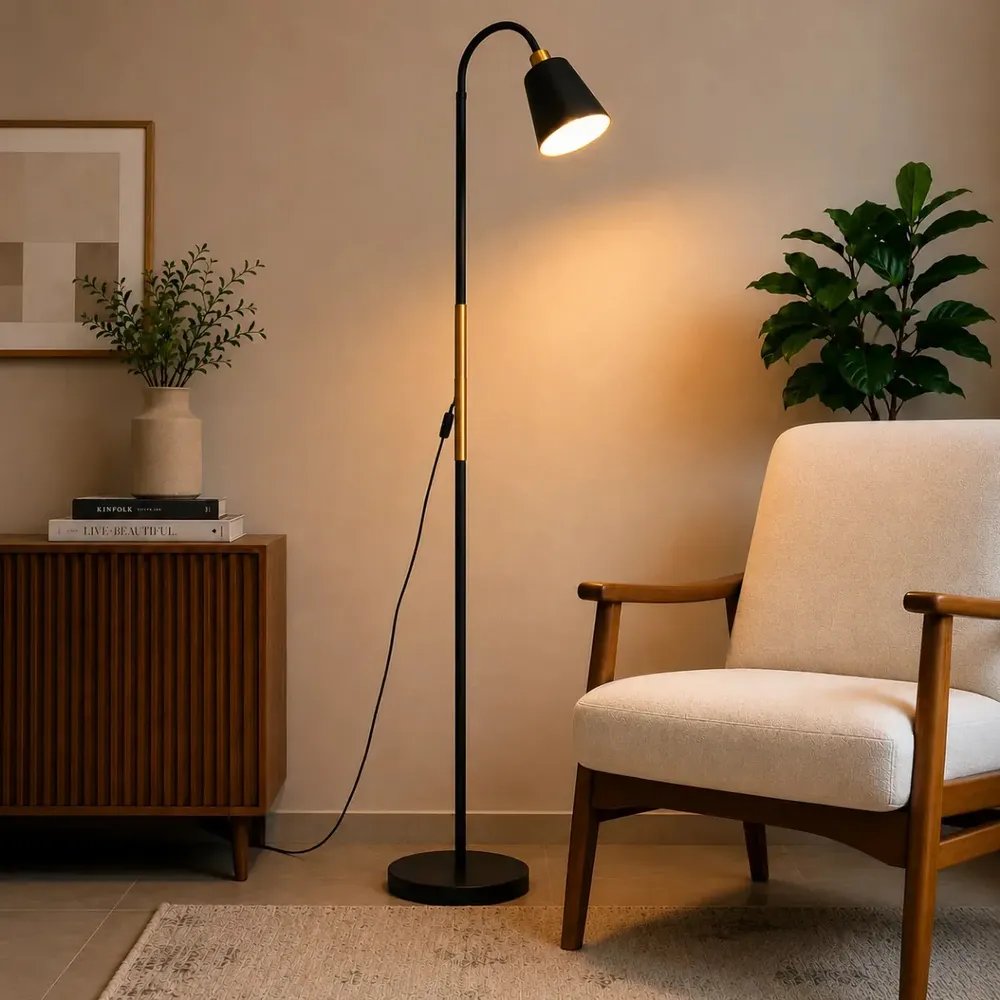 Luminária Abajur Metal Articulada Pedestal Chão Coluna Leitura Cúpula Preto Flexivel 1,6m 110v 220v Bravvi
