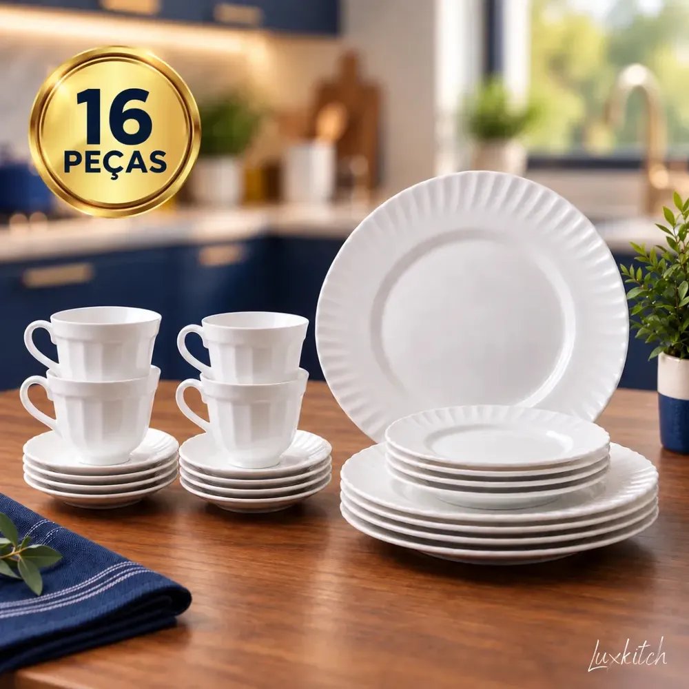 Aparelho De Jantar + Jogo Chá 16 Peças Completo Branco Liso Vidro Mesa Posta Resistente Moderno Luxkitch