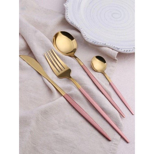 Jogo de Talheres Slim de Luxo Louça Inox Dourado com Rosa Utensílios de Cozinha Talher Kit 4 Peças Suplat