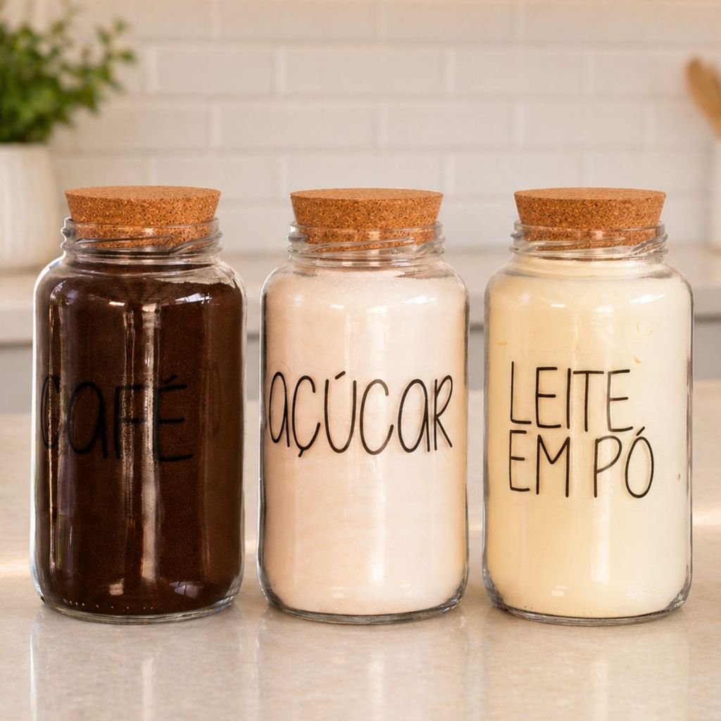 Kit Cantinho do Café + Açúcar + Leite em pó | 3 potes de Vidro 810 ml + tampa rolha cortiça| Pote Mantimento