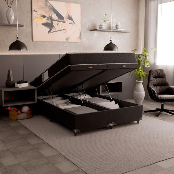 Cama Box Baú Casal Bipartido + Colchão D33 One Face - 61x138x188cm - Suede Preto